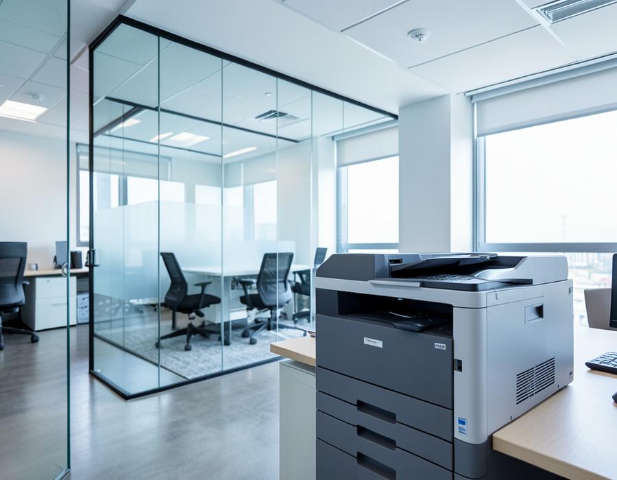 Network printer in a modern office workstation area
