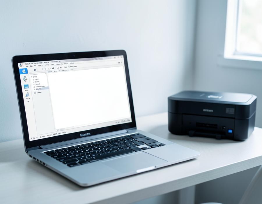 Laptop beside a compact desktop printer