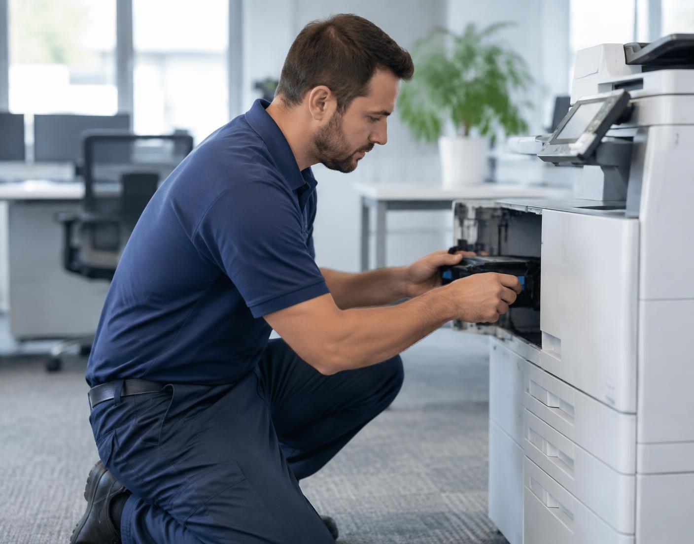 Support technician servicing a modern office printer