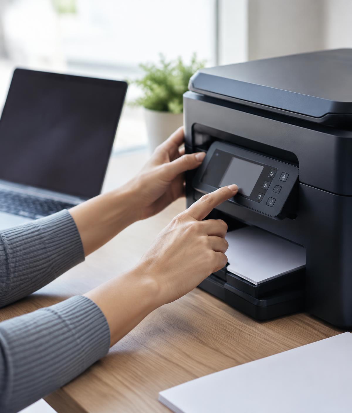 Person using the control panel of a home office printer next to a laptop